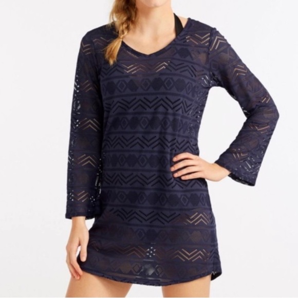 L.L. Bean NWOT Violet Blue Beach Long Sleeve Summer V-Neck Swim Cover Up Tunic - Picture 1 of 4